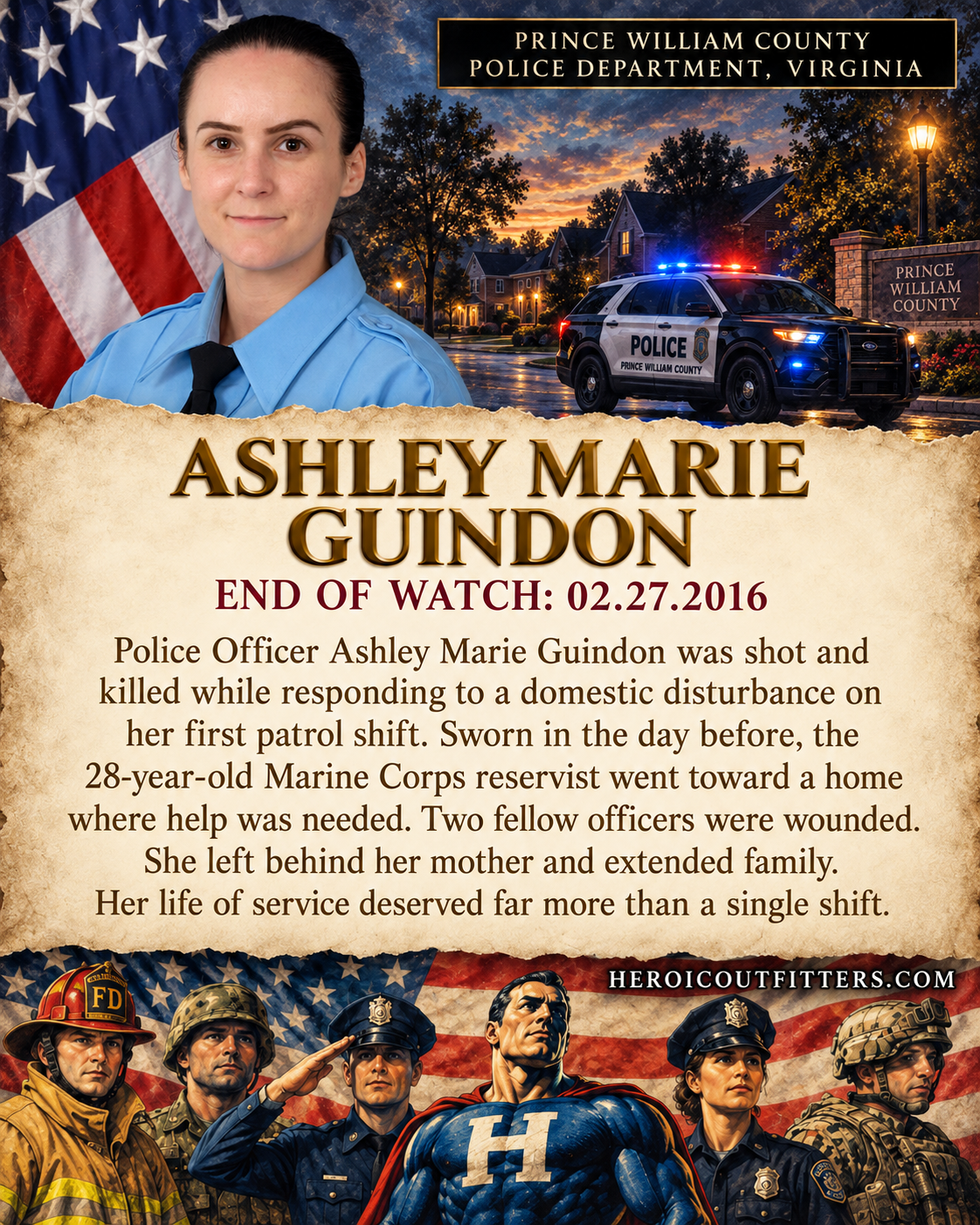 Ashley Marie Guindon memorial with her portrait, Prince William County Police Department, and End of Watch February 27, 2016