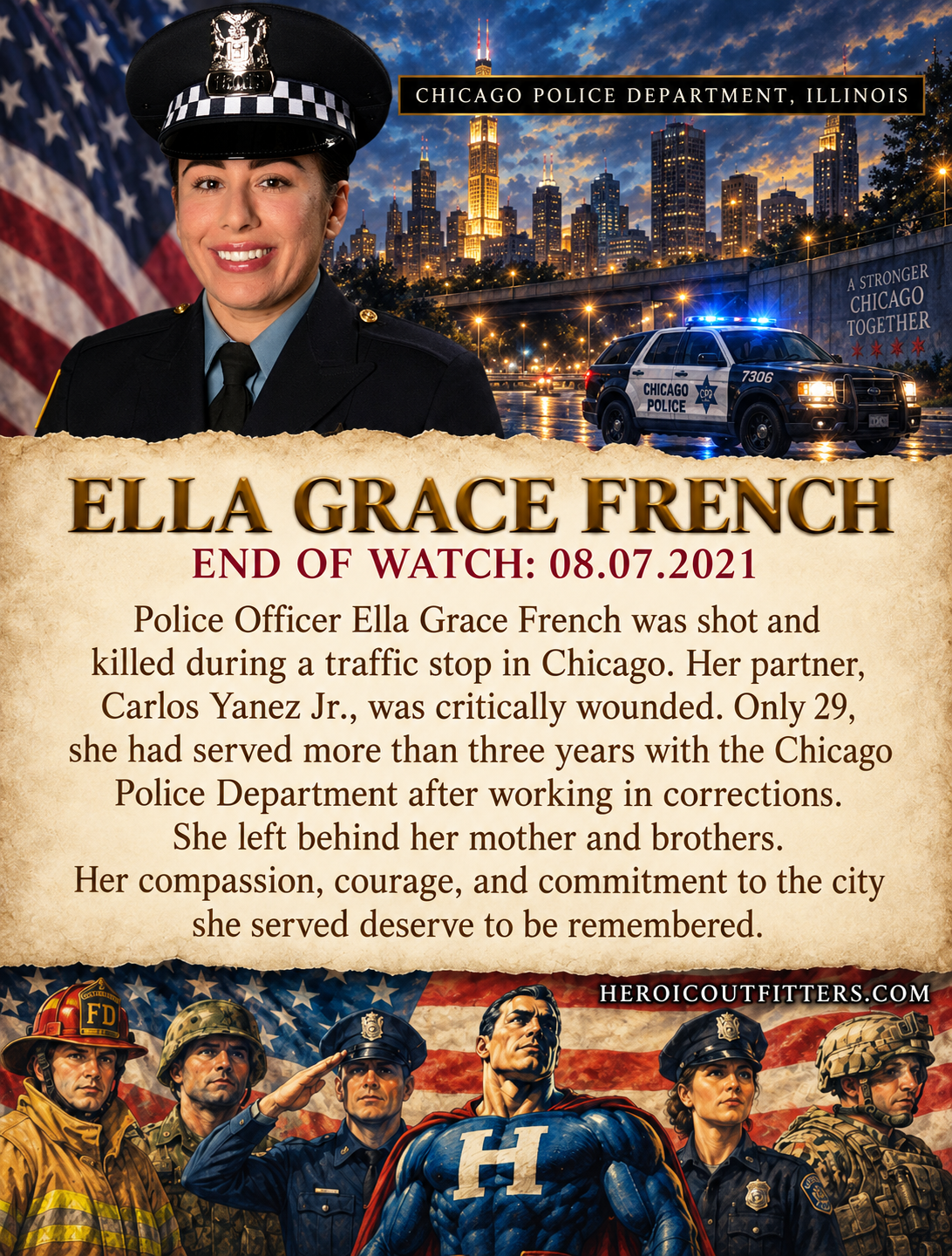 Ella Grace French memorial with her verified portrait, Chicago Police Department, and End of Watch August 7, 2021