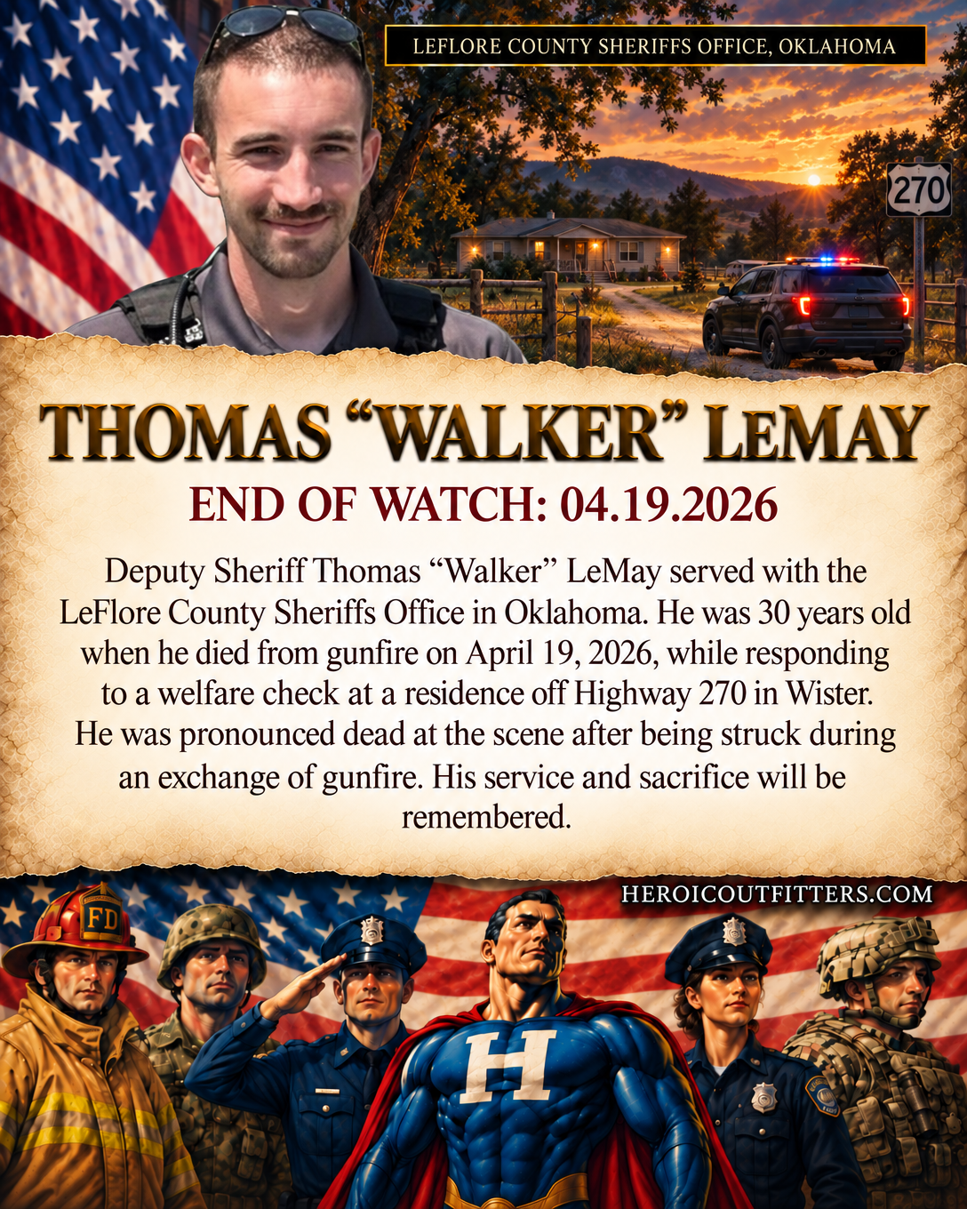 Deputy Sheriff Thomas "Walker" LeMay, LeFlore County Sheriffs Office, End of Watch 2026-04-19